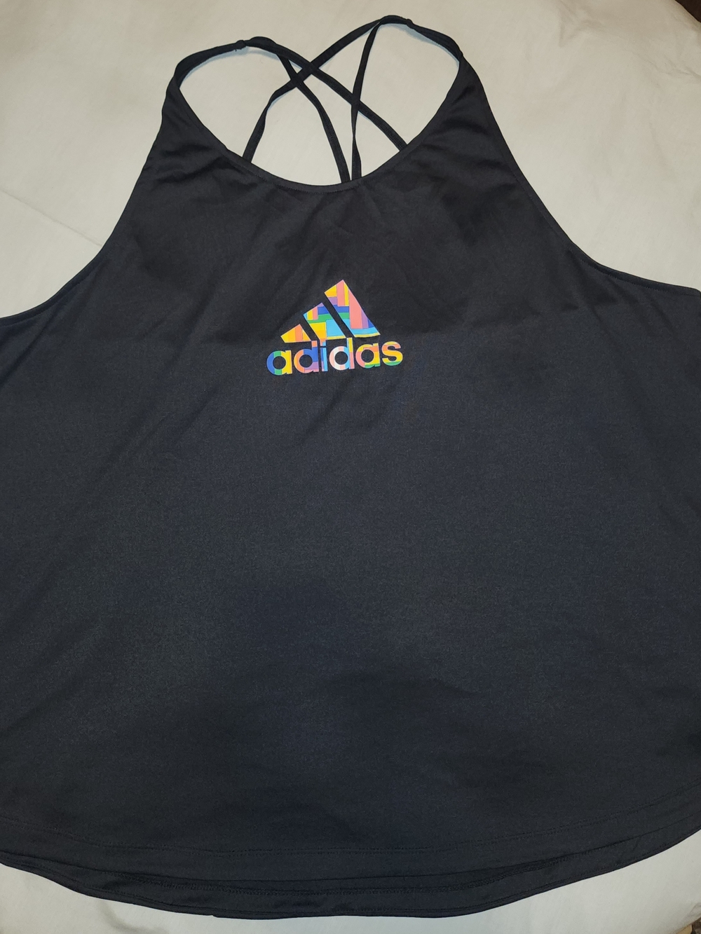 adidas Black Tank Top with Multicolor Logo and Crisscross Back